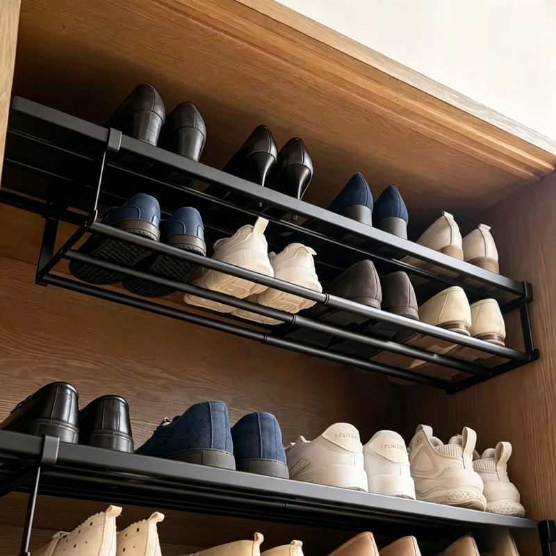 Room Divider Bamboo - Adjustable Shoe Rack with Hanging Basket